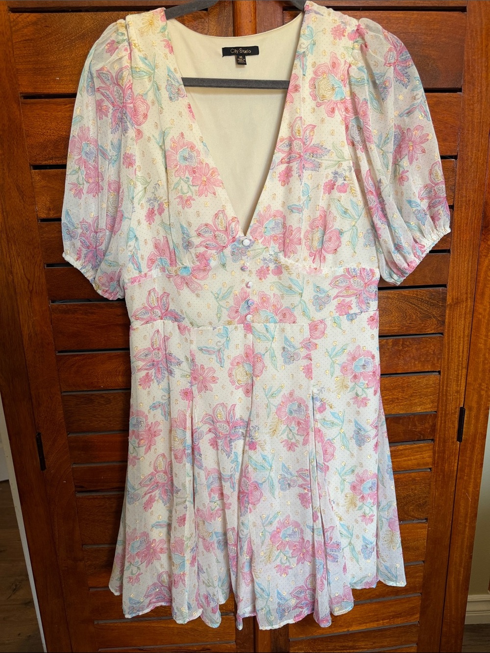 City Studio Pastel Floral V-Neck Puff Sleeve Mini Dress